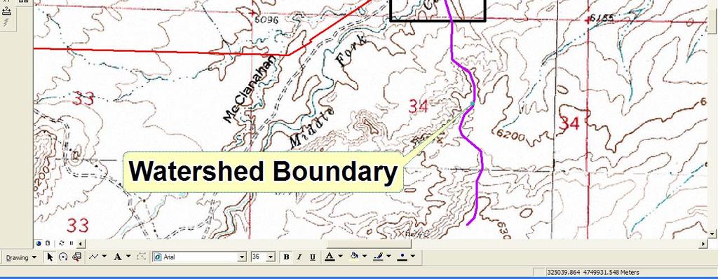 You should see that the ranch boundary should cover the 4 topo maps b. Create a blank Polygon shapefile in ArcCatalog and name it watersheds with a project of UTM NAD 27 Zone 13.
