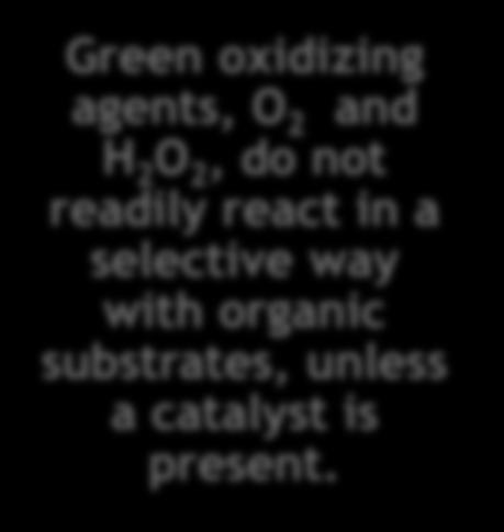 Green oxidizing agents, O 2 and H 2 O 2, do not readily react in a selective way with organic substrates, unless a catalyst is present.
