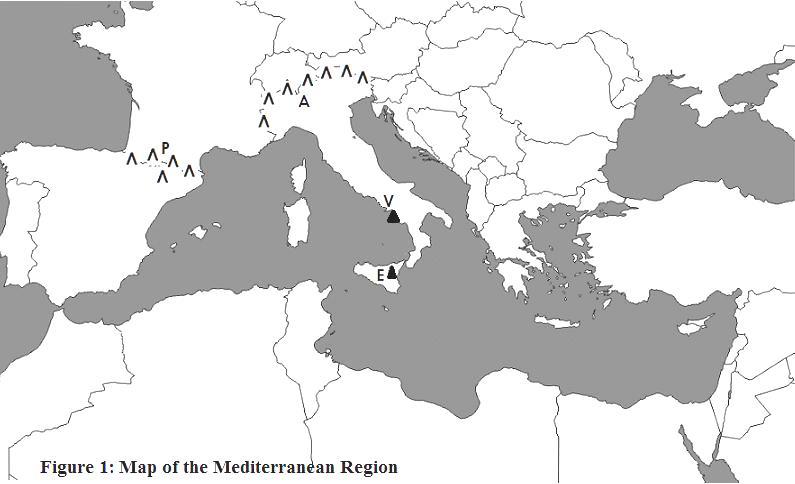 2. Study the map of the Mediterranean Region. Then fill in the names of the countries, fold mountains and volcanoes: The first letter of each name is given.