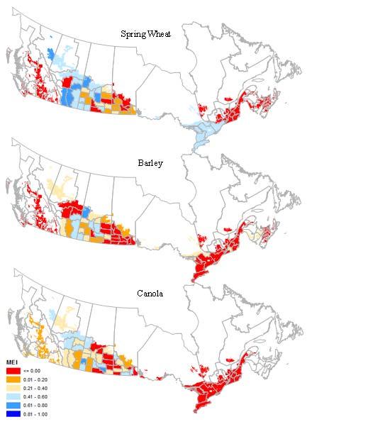 Figure 3: Distribution of Bravais and Pearson Coefficient of determination (R 2 ) during model calibration at Census Agricultural Region (CAR) level across Canada for the three tested crops. 3.2 Forecasting Skill vs.