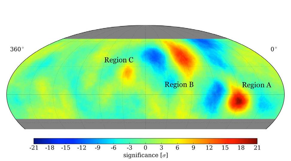 Figure 5. (Left Panel) HAWC cosmic-ray skymap. The large-scale structures have been subtracted to emphasize the three regions with enhanced cosmic-ray flux.