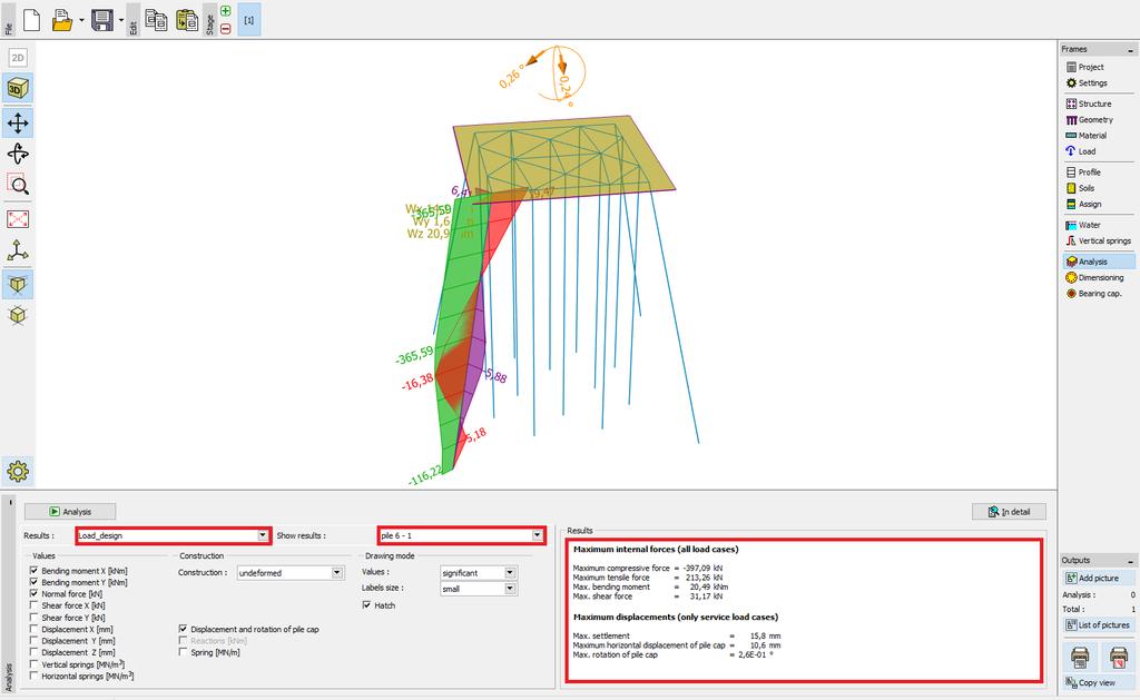In the Analysis frame, the calculation of the task is done. The results (internal forces, displacements, etc.) are displayed for one or for of the all micropiles.