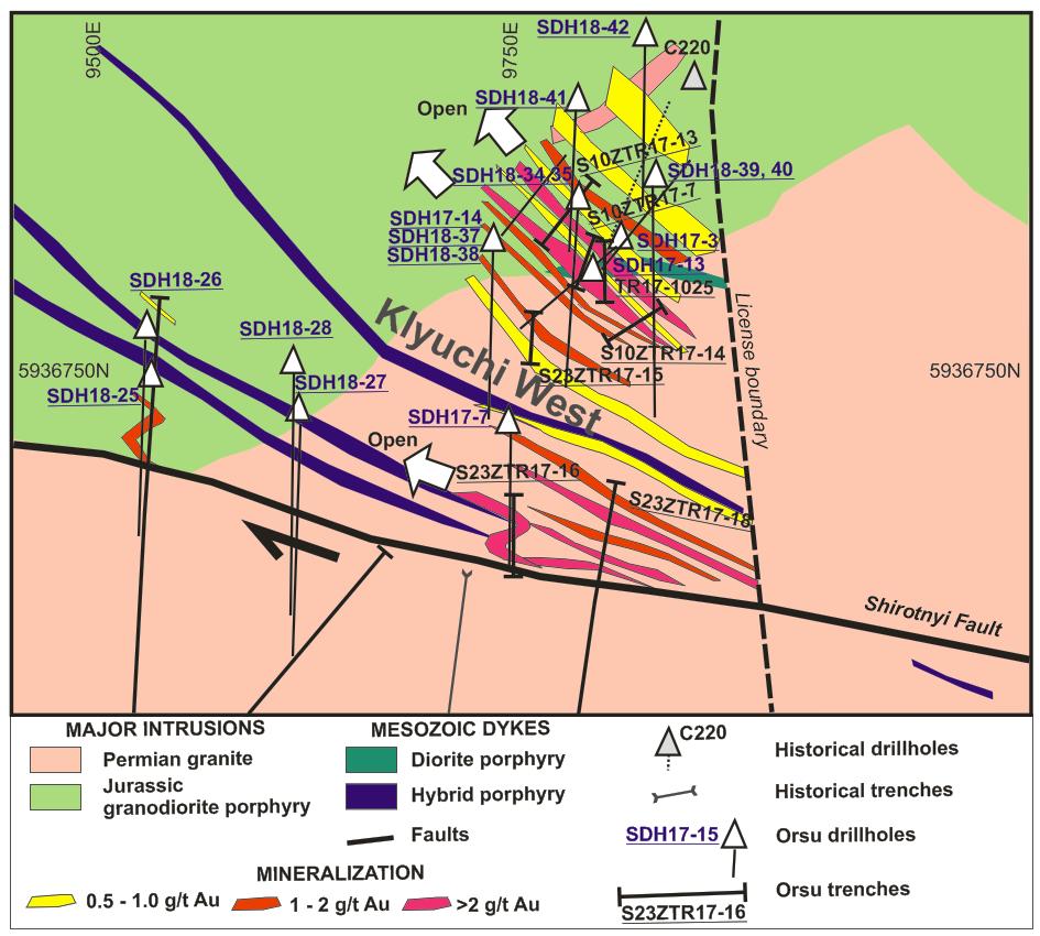 (see press release January 25, 2018), which demonstrated a 200 m vertical extent of gold mineralization, but its width was not constrained.