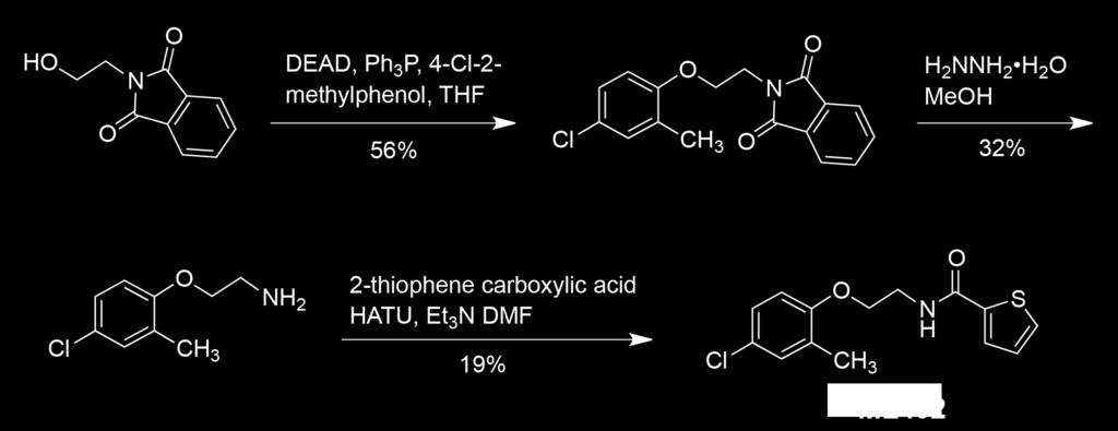 Scheme : Synthesis of ML4 Step : Preparation of -[-(4-chloro--methylphenoxy)ethyl]-,-dihydro-H-isoindole-,- dione The preparation of this known compound was based on that described.