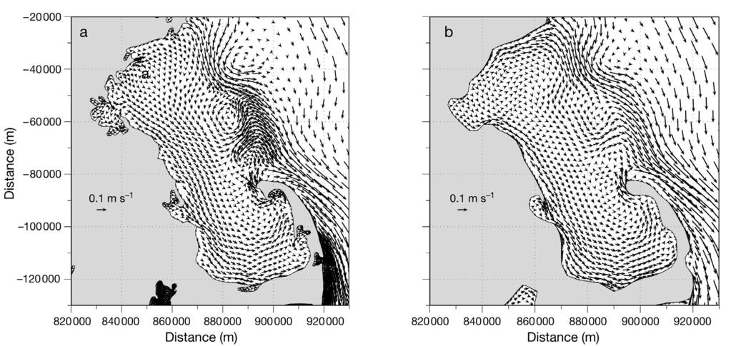 Circle surface area is proportional to the magnitude of transport success. Mass.: Massachusetts Fig. 6. (a) High and (b) low resolution mesh in the vicinity of Massachusetts Bay.