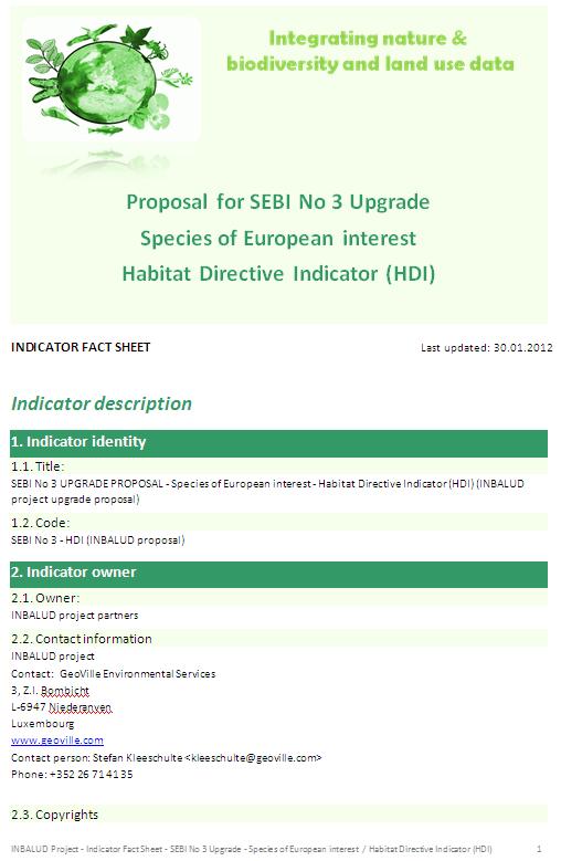 Figure 9: The INBALUD Indicator Fact Sheet (example: HDI Habitat Directive Species, page 1) For the