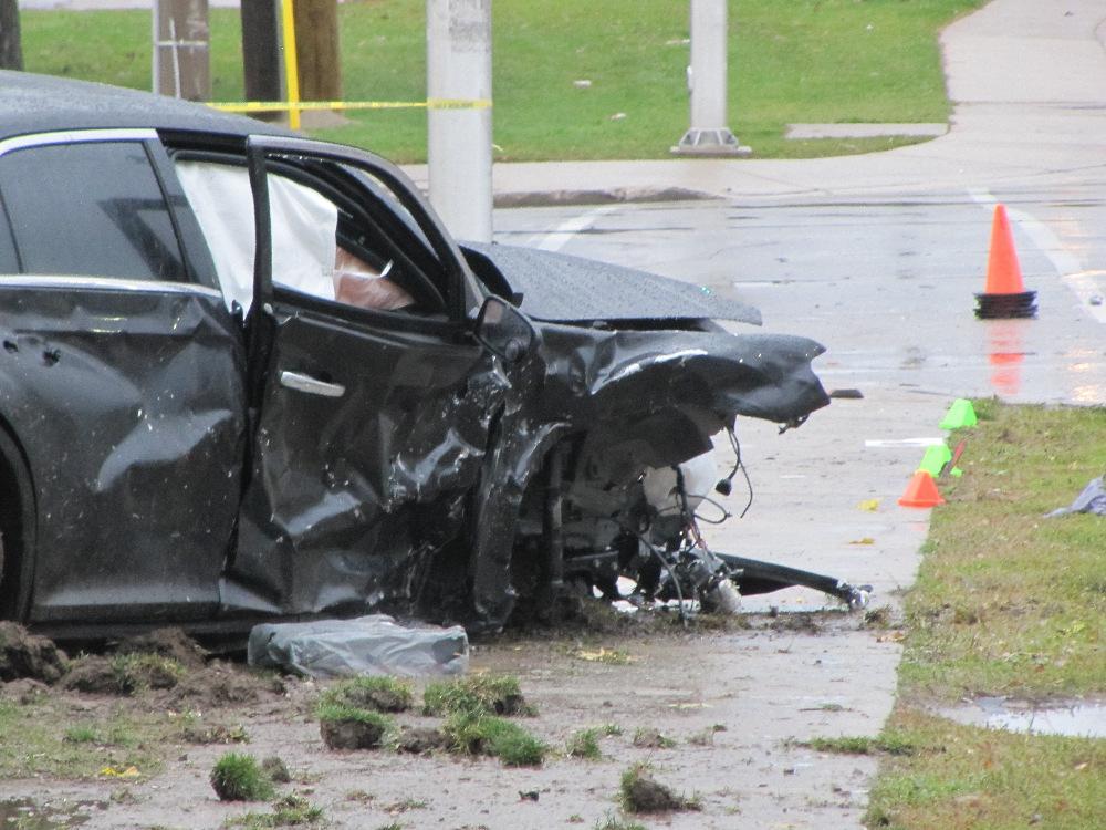 View of the Chrysler 300 with its right front wheel ripped off. Overall, police will have some difficulty resolving the speed of the Porsche using the available physical evidence.