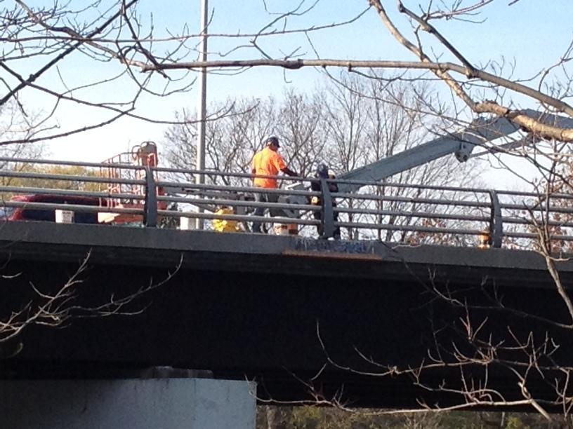 Closer view of workers and equipment on Guy Lombardo bridge. The photo above shows a closer view of the workers and equipment.