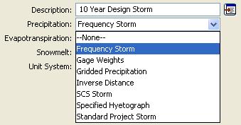 Hyetograph label. Click on Met 1 in the watershed explorer and then change the precipitation type from Specified Hyetograph to Frequency Storm as shown below.