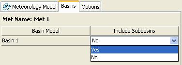 Next, select the Basins tab in the Component editor, and then click Yes on Include sub-basins. This will link rainfall data to your watershed (sub-basin 1).