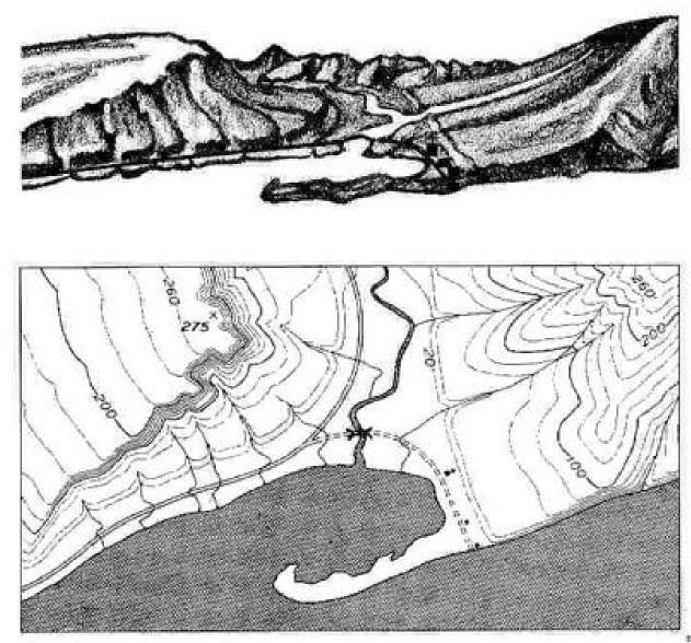 A topographic map can help identify landforms if you can interpret the contour lines. Look at the contours that reflect a coastline.