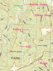 Hills and valleys are shaded as if they were illuminated from the north-west, with heavy shading representing steeper slopes. Contour lines Topographic maps also show contour lines.