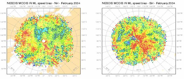 Figure 5: Polar map plots showing the mean O-B speed differences for the NESDIS MODIS IR medium level winds for February