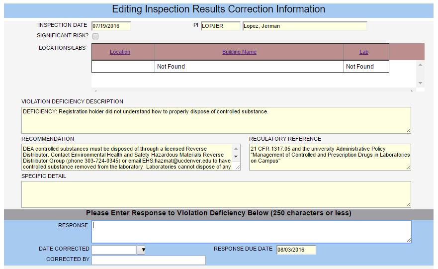 The information provides details such as the inspection date, location where the violation was observed, violation description, recommended actions to take in order to correct the violation,