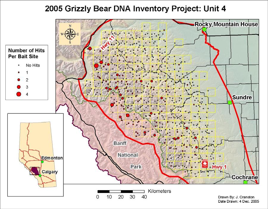 Alberta Unit 4 Grizzly Bear Inventory Project 10 Figure 2: Distribution of captures at bait sites for the Alberta Unit 4 inventory projects Sites are scaled by the number of unique bear captures that