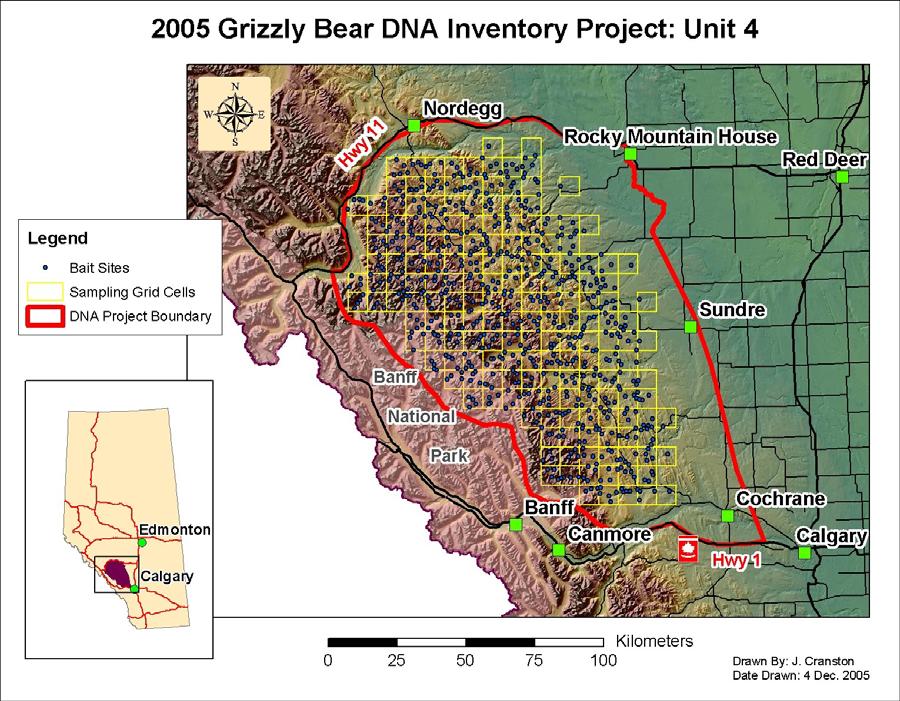 Alberta Unit 4 Grizzly Bear Inventory Project 4 of wood debris and moss in the middle of the barb wire enclosure to attract bears but did not give them any food reward.