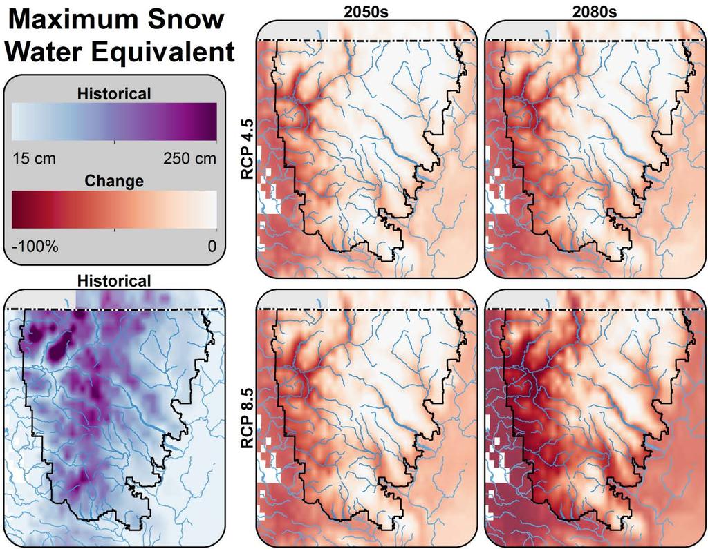 Figure 3. Projected change in snowpack, measured as maximum snow water equivalent, for the North Cascades Grizzly Bear Recovery Zone, relative to historical (1970 1999).