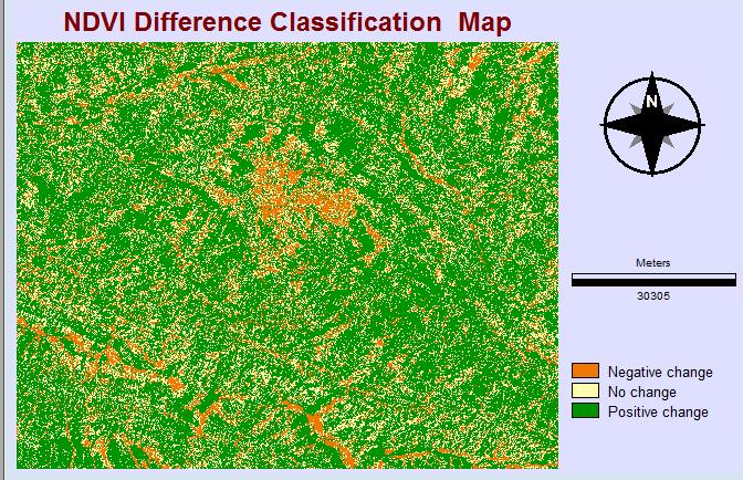 From the visual inspection of the images from PCA and NDVI, change from vegetation to urban/barren land seems almost similar in both the images but the change in vegetation area seems