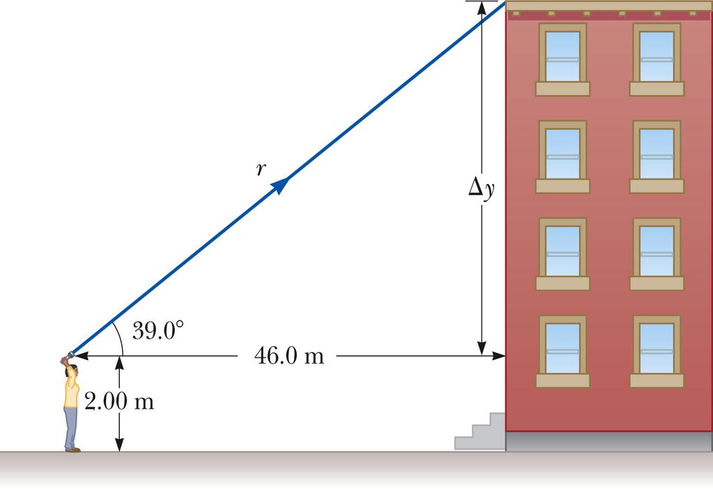 Typical trigonometry problem A person measures the height of a building by walking out a distance of 46.0 m from its base and shining a flashlight beam to its top.