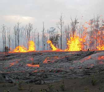 When lava erupts along a fissure, it may produce curtains of fire. These rows of lava fountains often reach a few tens of meters in height and dwindle down after a few days.