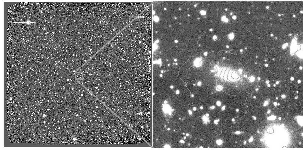 4 T.H. Reiprich et al. Fig. 3. Left: Coadded Megacam r -band image of a z = 0.5 cluster (box size 30 arcmin). Right: Zoom into the very center. Chandra X-ray surface brightness contours are overlaid.