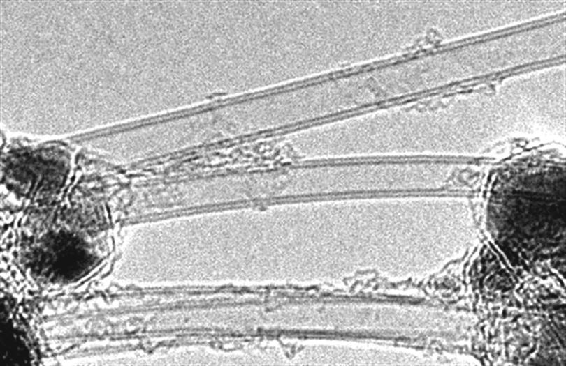1.2 Synthesis of Carbon Nanotubes 7 5 nm Figure 1.6 TEM image of DWCNTs produced by arc discharge. 1.1.3 Thin-Walled CNTs Double-wall carbon nanotubes (DWNTs or DWCNTs) consisting of two layers of graphene can be selectively prepared by arc discharge and CVD.