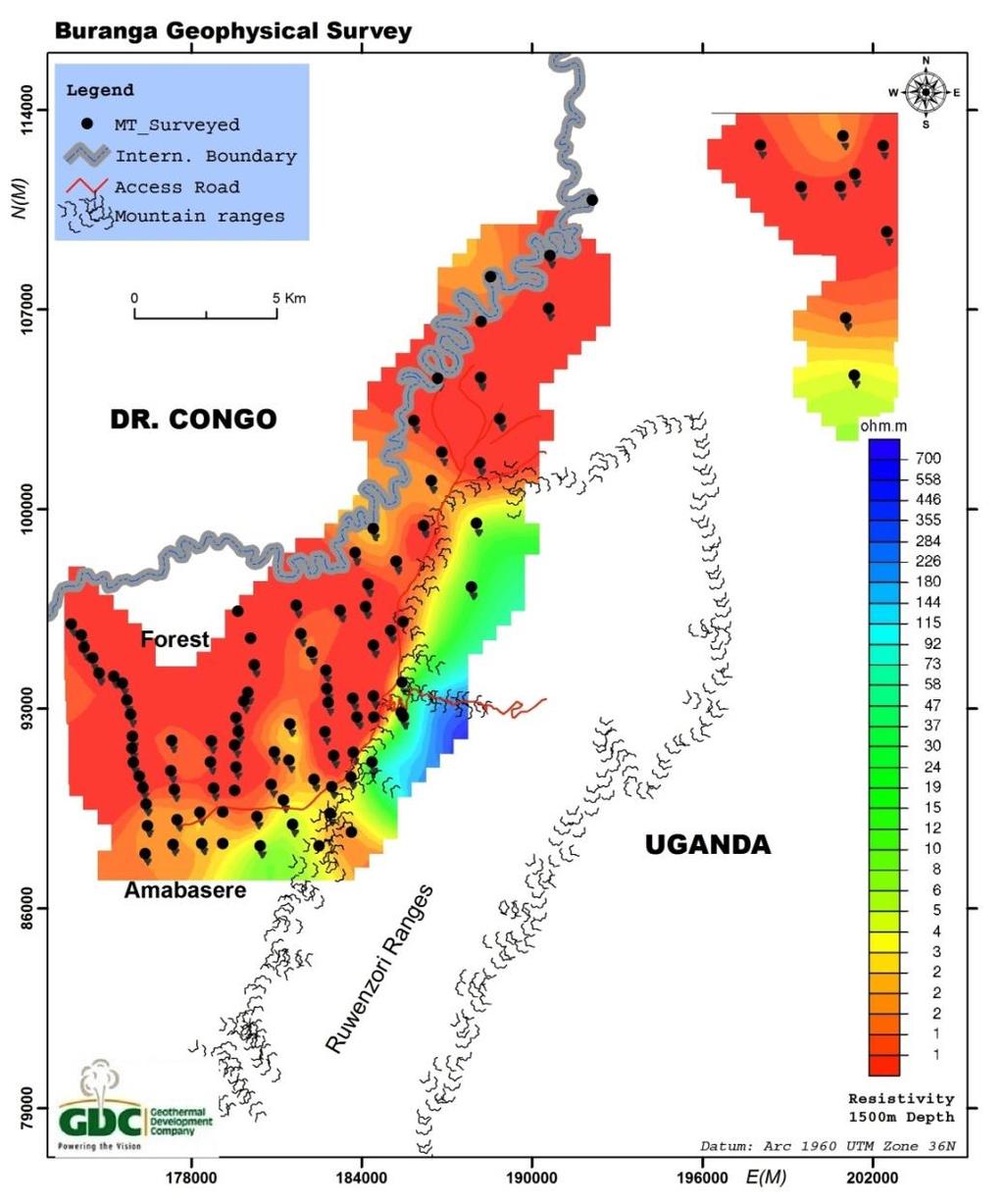Iso-depth Resistivity map at 1500 m depth ( 1 km b.s.l) Extensive low resistivity anomaly possibly due