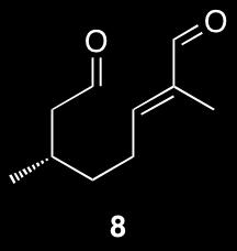 Dialdehyde 8 (Method 1): To a solution of (S)-( )-citronellal (1.45 ml, 1.23 g, 8.0 mmol, purchased from TCI America, > 96.0%, [α] 20 D = 15.5, neat) in CH 2 Cl 2 (150 ml) was added methacrolein (1.