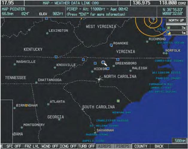 ENSTROM 480B RFM SUPPLEMENT 2-15 2-2-15. Displaying PIREP and AIREP text: 1) Select the Weather Data Link (XM) Page. 2) Press the MORE WX Softkey. 3) Press the AIREPS or PIREPS Softkey.