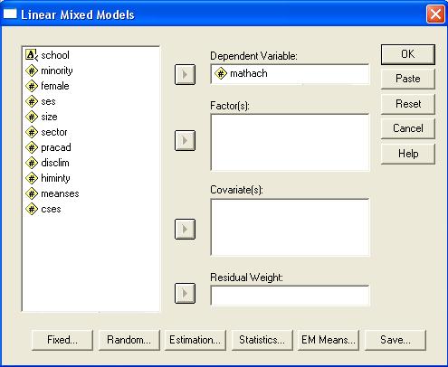 Appendix Begin the process of building SPSS syntax via menu options by selecting Analyze > Mixed Models > Linear.