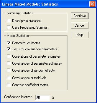 After the variables are specified it is necessary to define the model by selecting the appropriate Statistics (output options), Estimation (method, iterations, etc), Fixed (fixed effects), Random