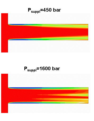 The colours in the pictures on the left represent the computed density, where red denotes the liquid phase, blue the vapour phase and green the cloud cavitation zones.