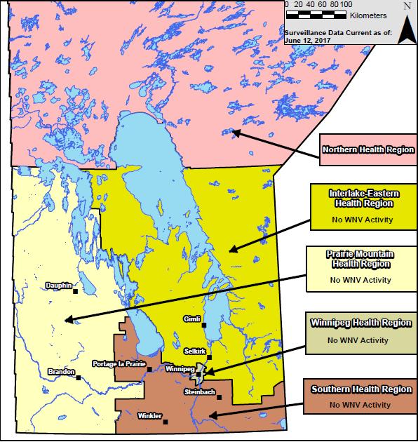 Figure 1 WNV activity by Health Region within Manitoba (current to Week 26).