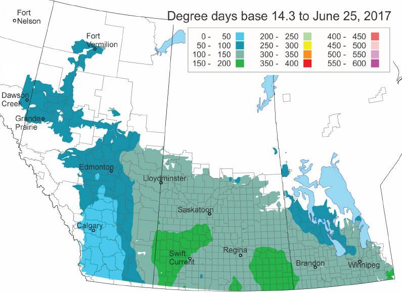 Figure 3 - Degree day accumulations, as of Week 26, across the Prairie Provinces (Map produced by Agriculture and Agri-Food Canada