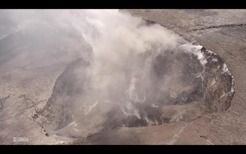 UAS flight provides spectacular view inside Halema uma u crater Intense steaming from new collapse pit to north New cracks and faults reflect ongoing subsidence Footage shows rubble