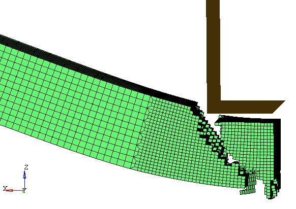 The mesh refinement is depicted in Figure 35. Figure 35. Local mesh refinement in beam near impact region. Average mesh size was reduced by half.