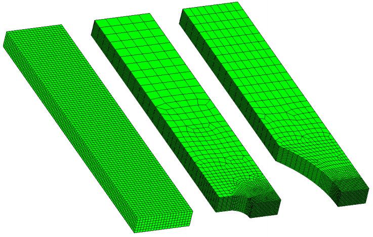 Figure 16. Solid meshes used for tensile test simulations (left) and axisymmetric shell mesh used for Hopkinson Bar test simulations (right).