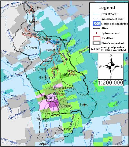 In the second stage, the medium amounts of precipitations from the watersheds were established. The areas with different precipitations amounts (estimated by the radar) were measured (Table 3).