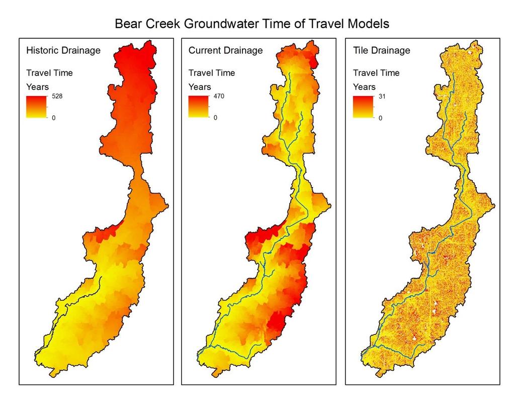 Effects of tile drainage in Des Moines Lobe watershed Bear Creek Compared groundwater travel times various drained conditions: