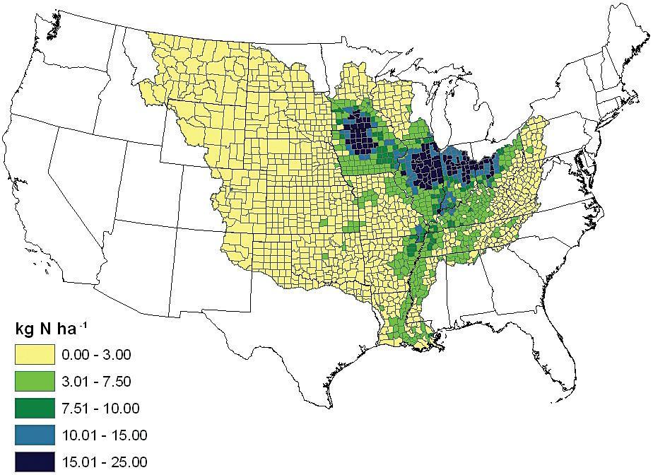 Predicted average riverine nitrate N yield, January to June, for all counties in the