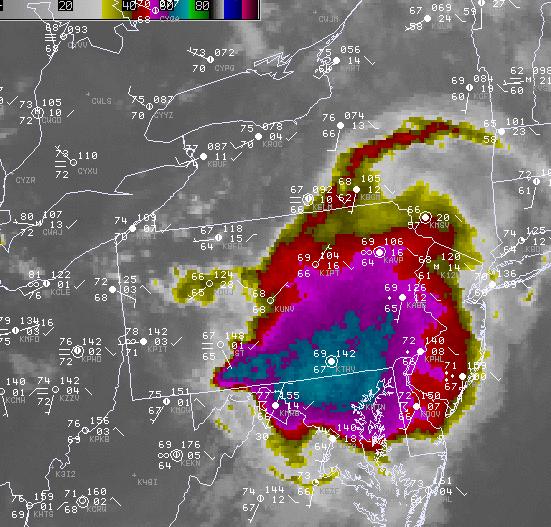 Figure 2 GOES IR image and surface data centered over southern Ontario at 0100 UTC 25 July 2005.