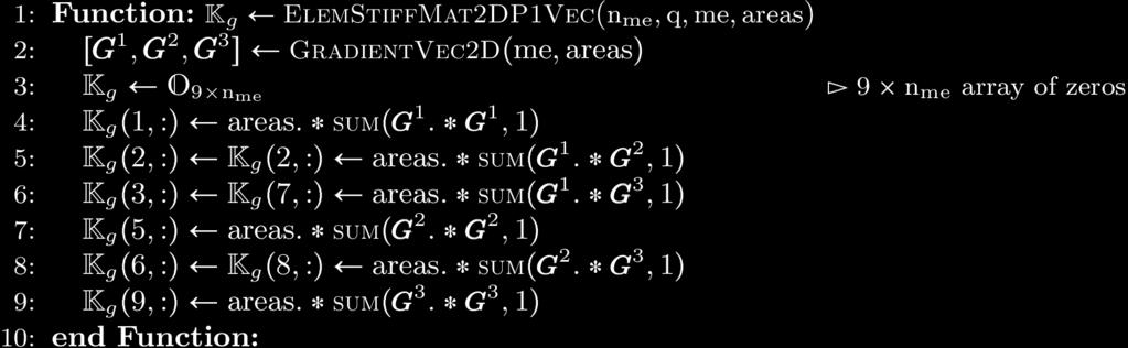 7 for K g computation for the Stiffness matrix in 2d. Algorithm 4.7 Figure 4.7: Vectorized algorithm for K g associated to 2d Stiffness matrix Note: pyoptfem.fem2d.elemmatrixvec.