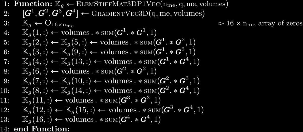 Using vectorized algorithm function GRADIENTVEC3D given in Algorithm 5.4, we obtain the vectorized algorithm 5.6 for K g computation for the Stiffness matrix in 3d. Algorithm 5.6 Figure 5.