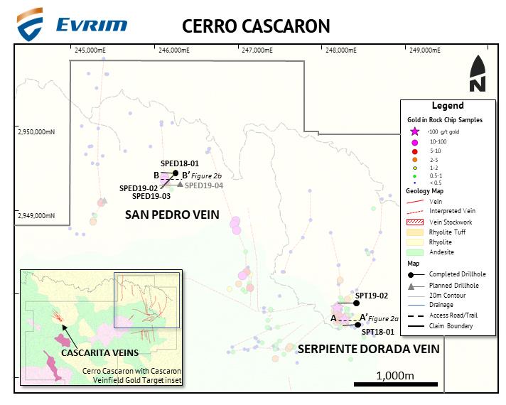 Figure 1 Map of the Cascaron vienfield with Serpiente Dorada and San Pedro drilling shown Serpiente Dorada Drill hole SPT18-01 targeted the Serpiente Dorada vein approximately 100 metres below