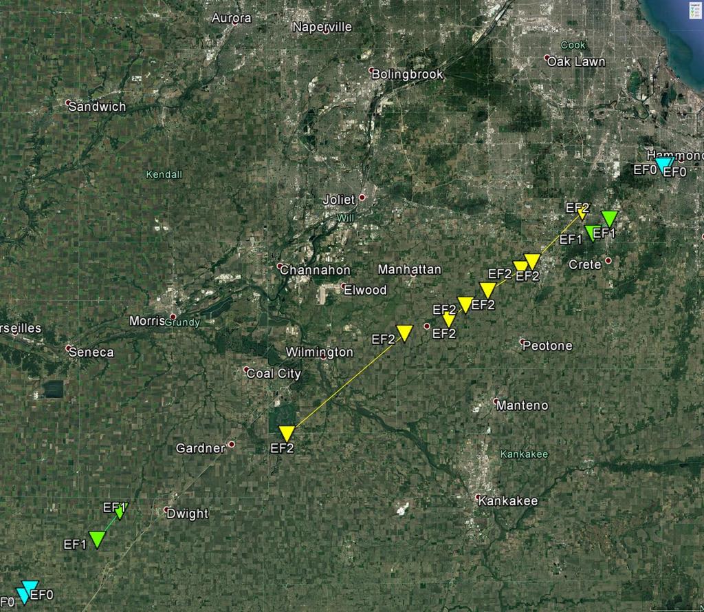 Overview of Event: Tornado Tracks EF2 Start: 5:51pm End: 5:54pm Path: 1.8 miles Width: 400 yards EF2: Richton Park Start: 6:13pm End: 6:30pm Path: 5.