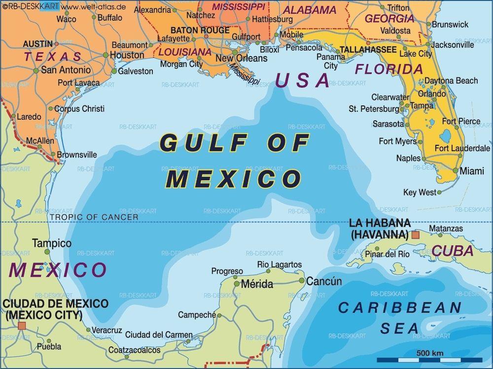 The Gulf of Mexico The Gulf Coast borders a smaller body of water called the Gulf of Mexico. The Gulf of Mexico covers an area of about 600,000 square miles and is nearly surrounded by land.