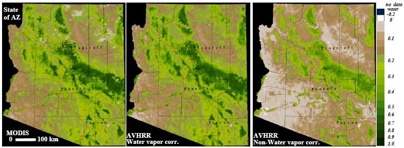 Water vapour correction example NDVI comparison between atmospherically corrected MODIS data (left; Terra; composite period: Nov 19 Dec 2, 2001), water-vapour-corrected AVHRR-16 data (middle; NOAA;