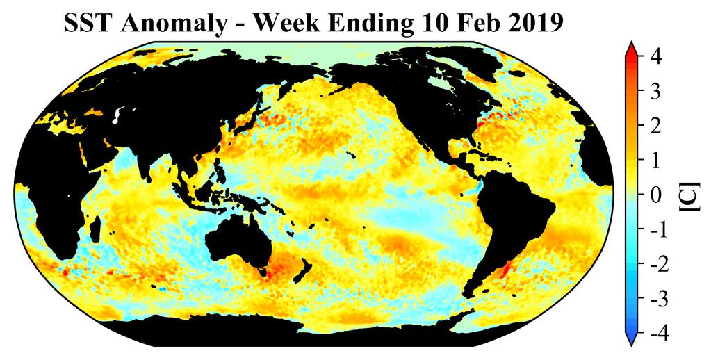 Figure 16. The latest weekly-mean global SST anomalies (ending 10 February 2019). Data from NOAA OI High-Resolution dataset. (Updated from https://www.ospo.noaa.