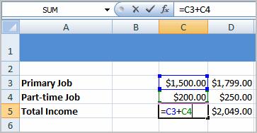 To Create a Simple Formula that Adds Two Numbers: Click the cell where the formula will be defined (C5, for example). Type the equal sign (=) to let Excel know a formula is being defined.