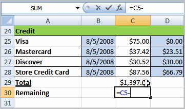 Click the cell where the answer will appear (C30, for example). Type the equal sign (=) to let Excel know a formula is being defined.